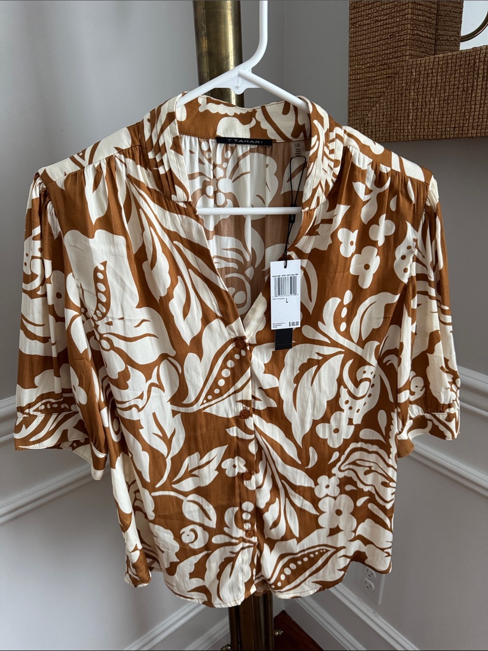 T Tahari Brown and Cream Floral Button-Down Shirt